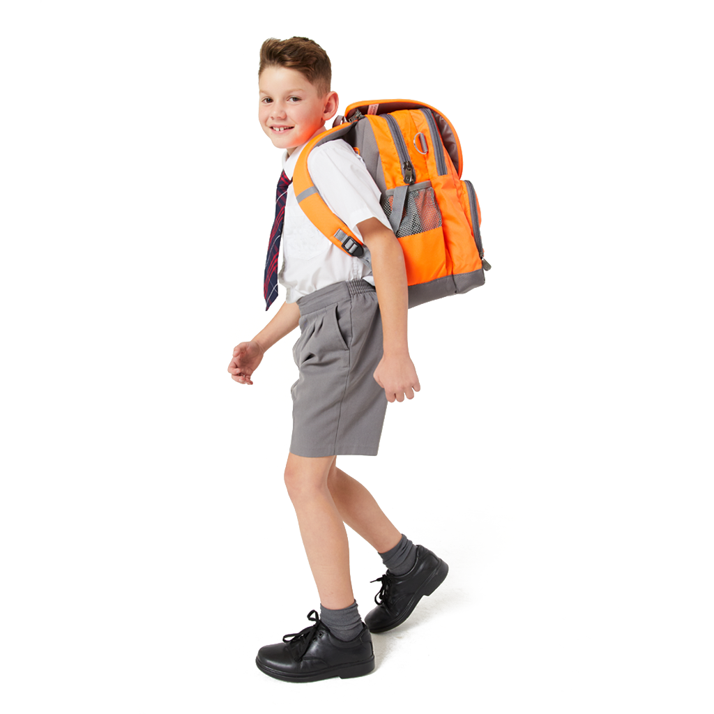 8 year old child model wearing school uniform in a side profile shot. He is wearing on his back the Harlequin Hi-Viz orange Ergo Tuff-Pack Backpack.