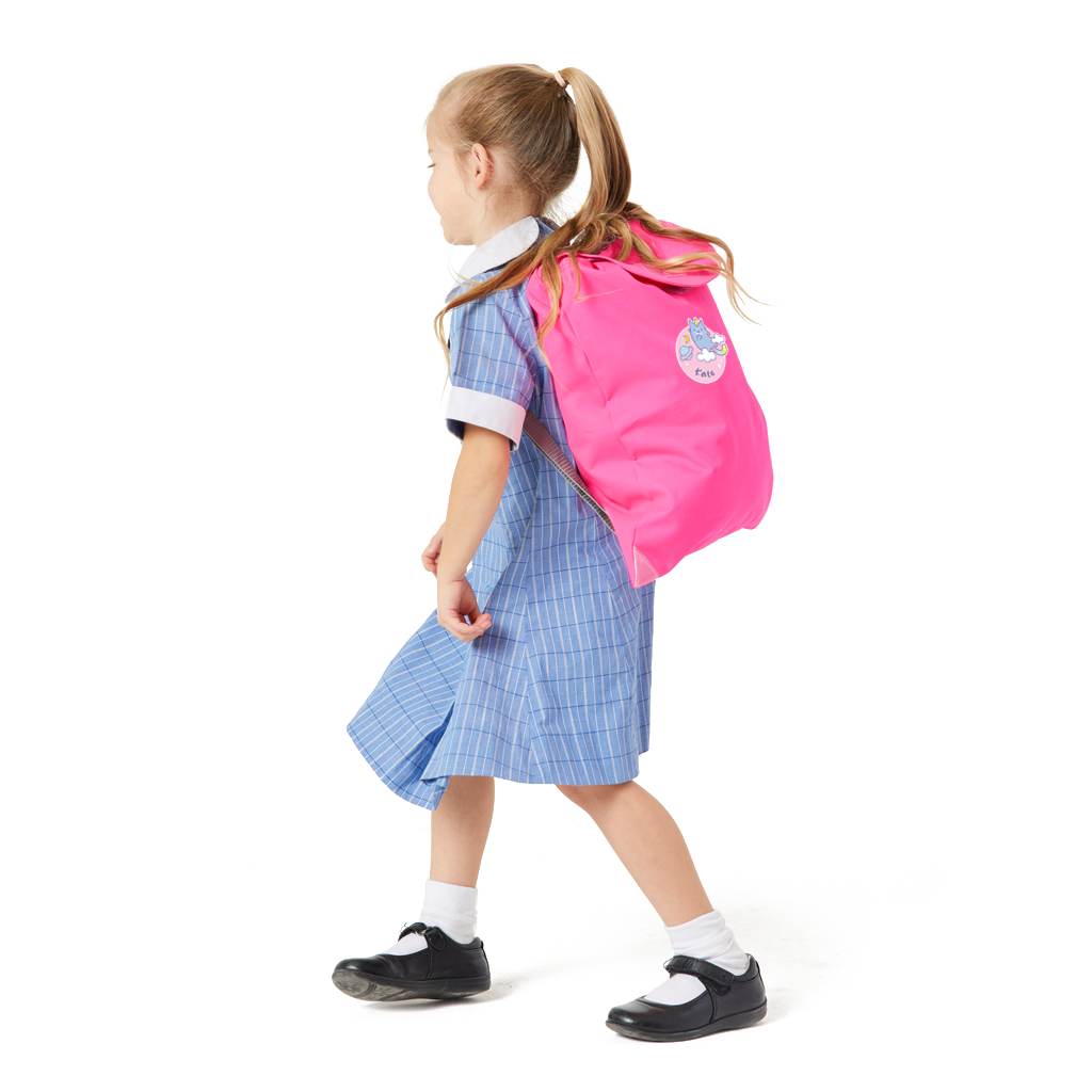 5 year old child model in school uniform walking past with the Harlequin Hi-Viz pink Excursion bag with personalisation on her back.