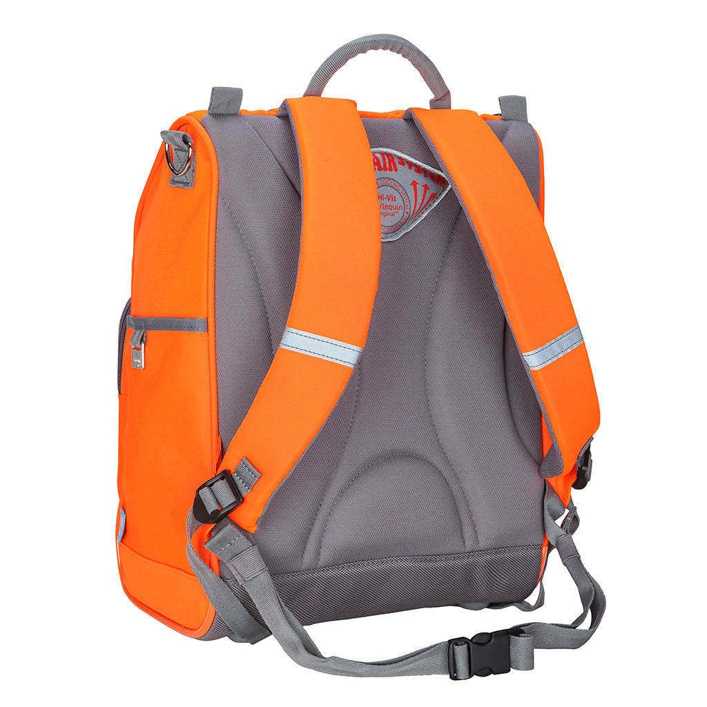 Harlequin Mighty Hi-Viz Orange Tuff-Pack Backpack. Angled back view showing the Anatomical Back System, D-Ring, padded straps, waist straps and ergonomic shoulder strap.