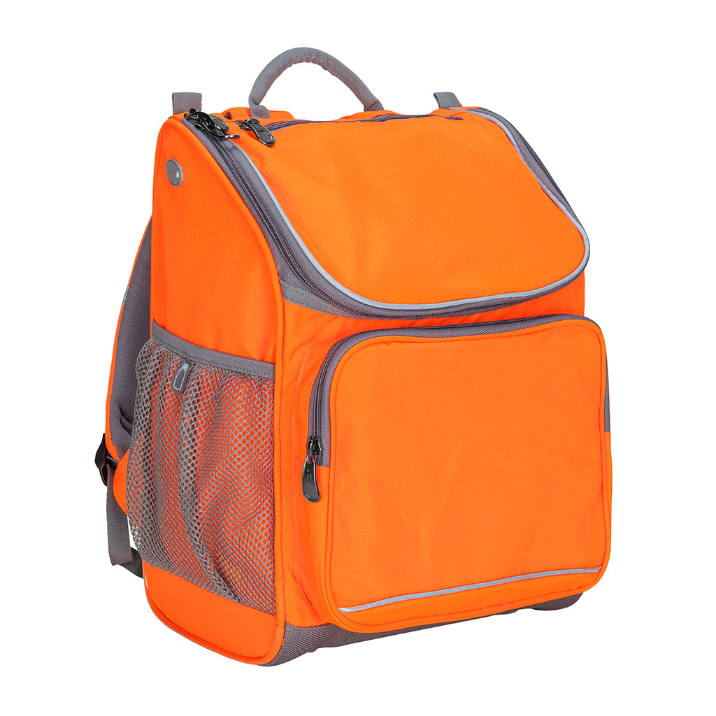 Harlequin Mighty Hi-Viz Orange Tuff-PackBackpack. Angled view showing front pocket, drink bottle pocket, reflective piping and ergonomic shoulder strap.