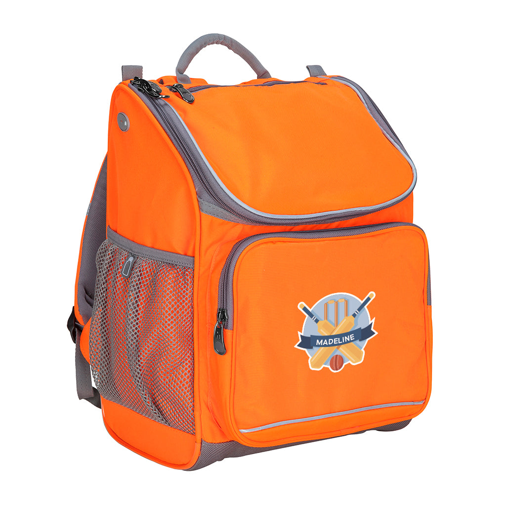 Harlequin Mighty Hi-Viz Orange Tuff-PackBackpack with personalisation. Angled view showing front pocket, drink bottle pocket, reflective piping and ergonomic shoulder strap.