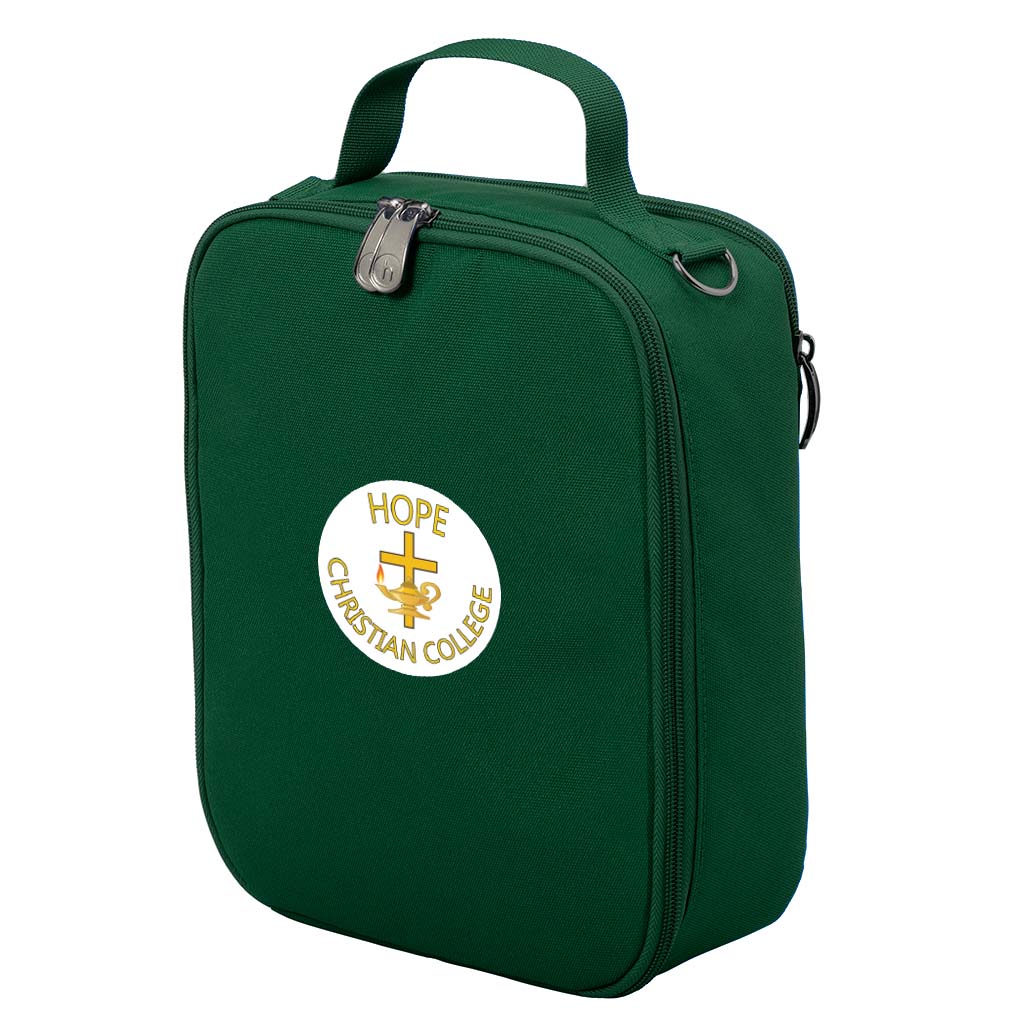 Harlequin lunch bag in green colour front side angle displaying carry handle and strap, durable water repellent material with Perth Waldorf School logo