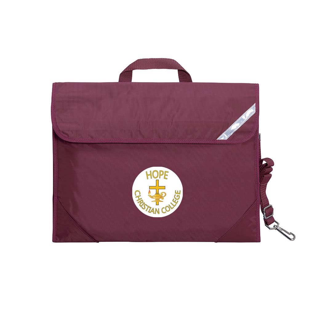 Harlequin Safety Library bag in maroon displaying carry handle, velcro opening, shoulder strap, reflector safety strip, reinforced corners and Hope Christian College logo