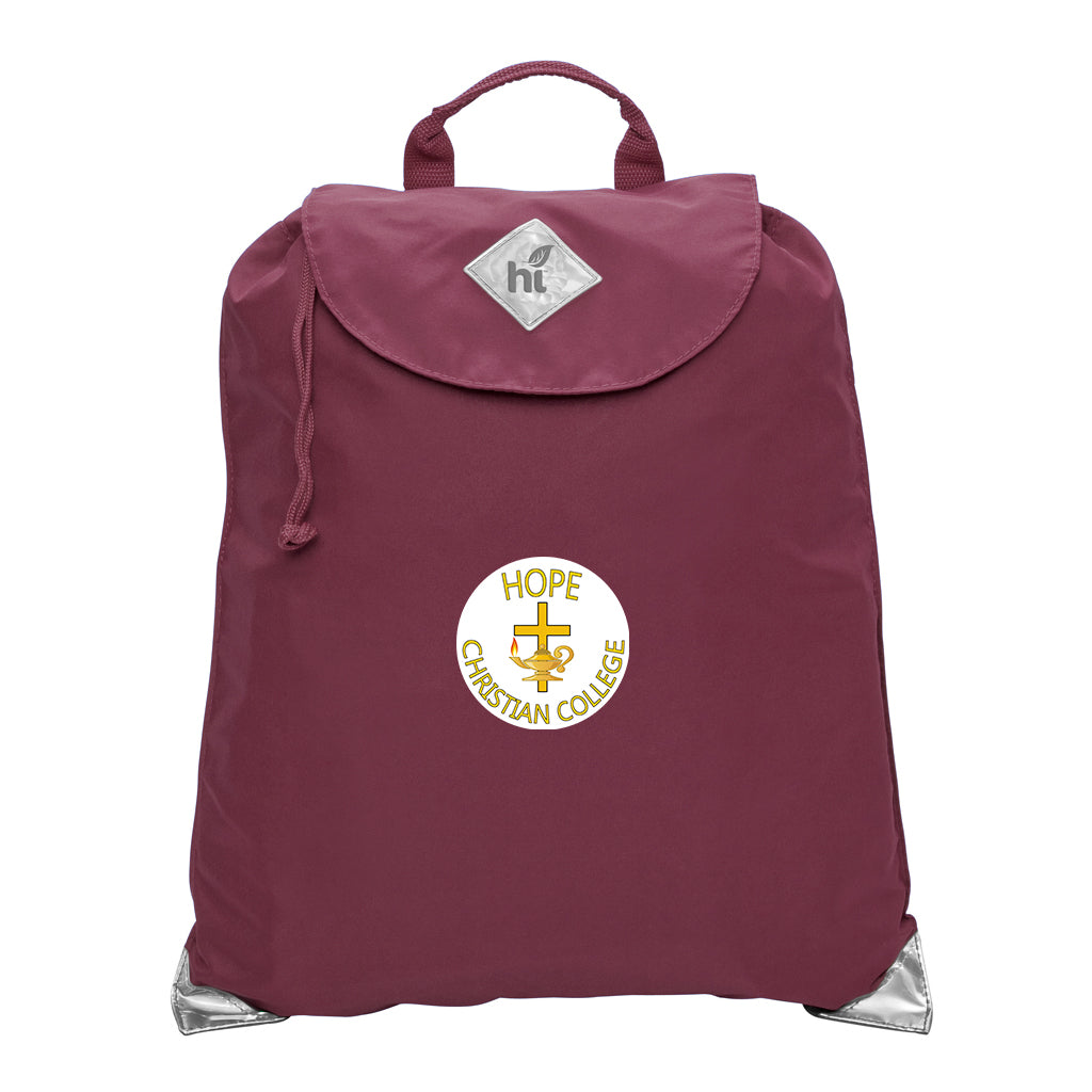 Harlequin maroon eco excursion bag front angle view displaying handle, velcro fastening with drawstring toggle, reflective safety corners and Hope Christian logo