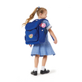 Harlequin Mighty Junior Tuff-Pack Backpack in Royal Blue with personalisation, being worn by a 5 year old child model in school uniform.