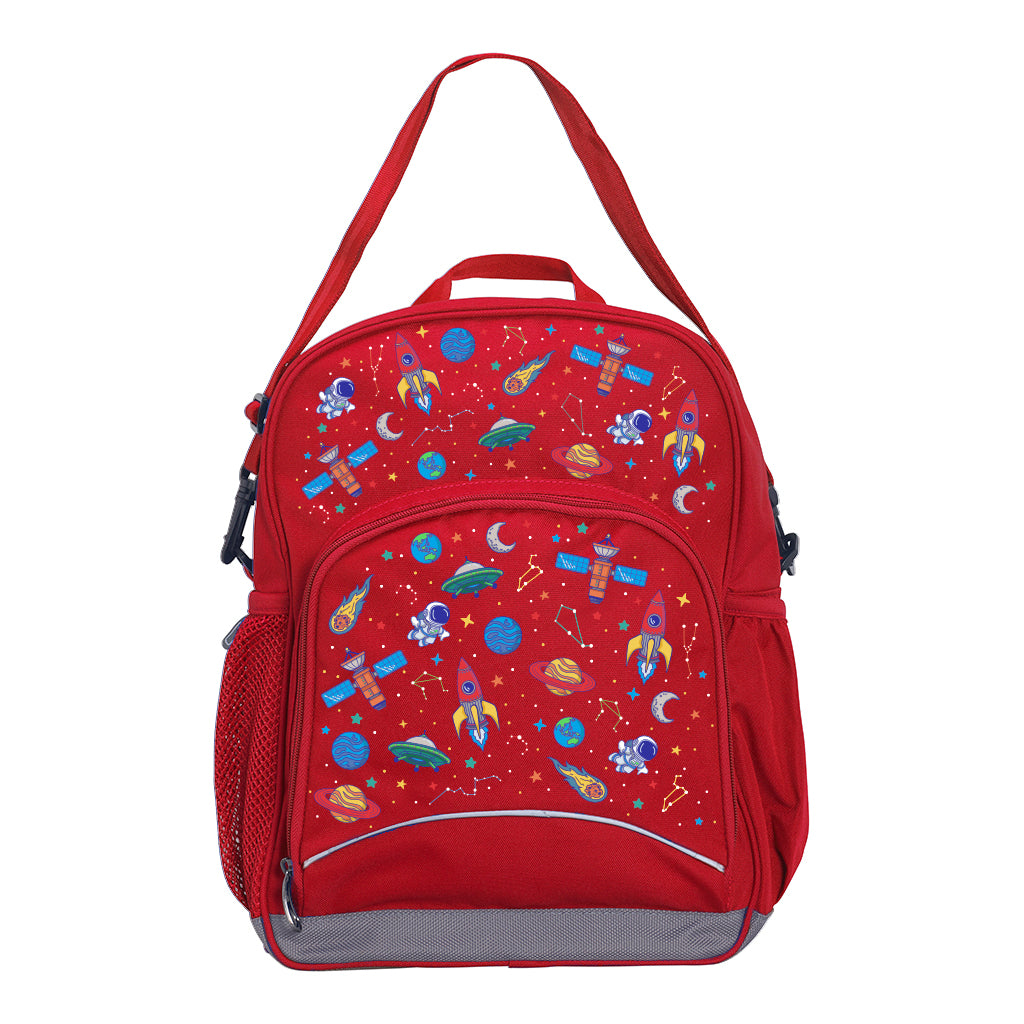 Red Kindy Tuff-Pack front view showing a small front pocket with the Galaxy Boy design from the Harlequin Creatix signature series.