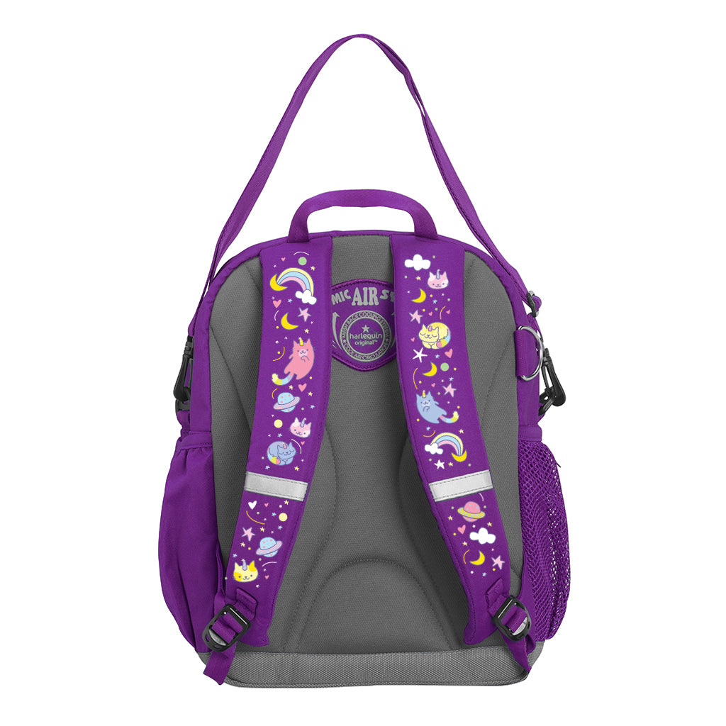Harlequin Kindy Tuff-Pack in Purple with Kittycorn design from the Harlequin Creatix Signature Series. Back view showcasing parent strap, padded shoulder straps, and Reinforced D-Ring holder.