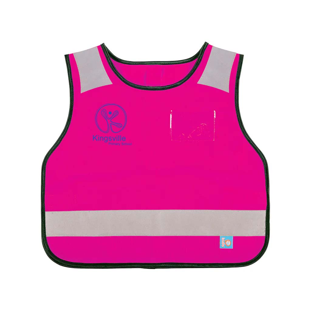 Harlequin Hi-Viz pink safety bib displaying reflective stripes and patches