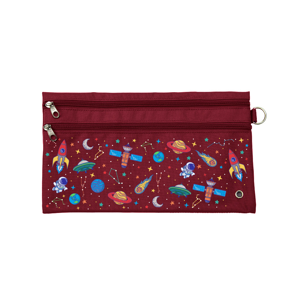Harlequin Pencil Case in Maroon with Galaxy Boy design from the Harlequin Creatix Signature Series. Front view displaying two zip compartments, ventilation eyelet and D-ring.