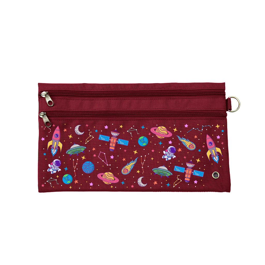 Harlequin Pencil Case in Maroon with Galaxy Girl design from the Harlequin Creatix Signature Series. Front view displaying two zip compartments, ventilation eyelet and D-ring.