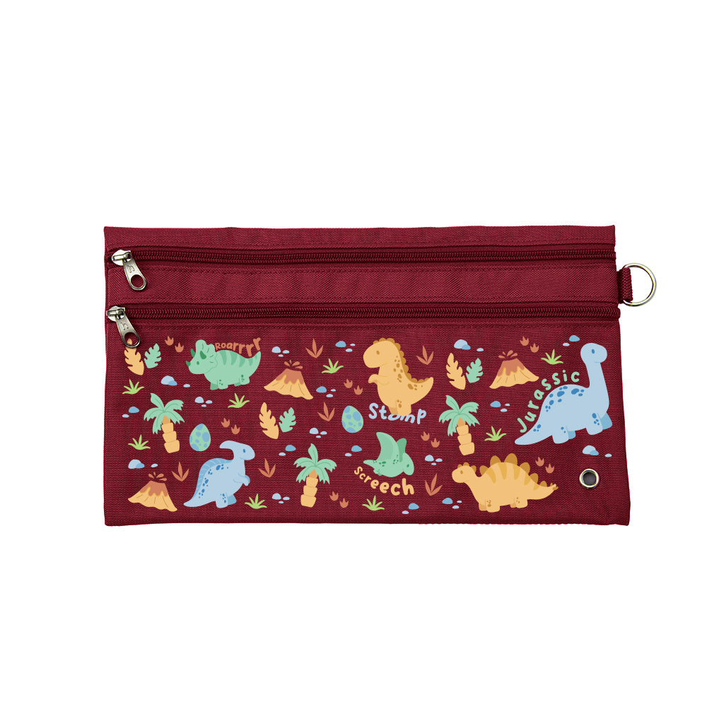 Harlequin Pencil Case in Maroon with Jurassic design from the Harlequin Creatix Signature Series. Front view displaying two zip compartments, ventilation eyelet and D-ring.
