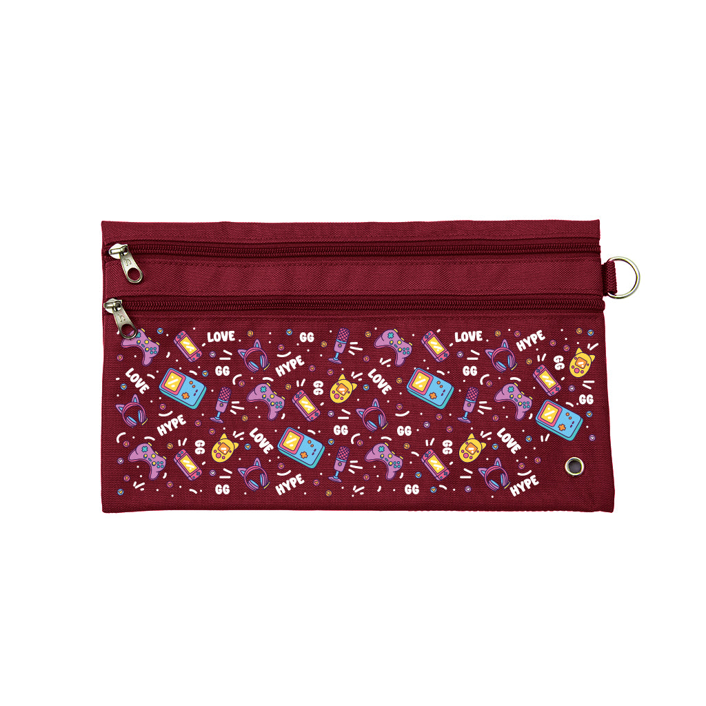 Harlequin Pencil Case in Maroon with Pixel Chick design from the Harlequin Creatix Signature Series. Front view displaying two zip compartments, ventilation eyelet and D-ring.