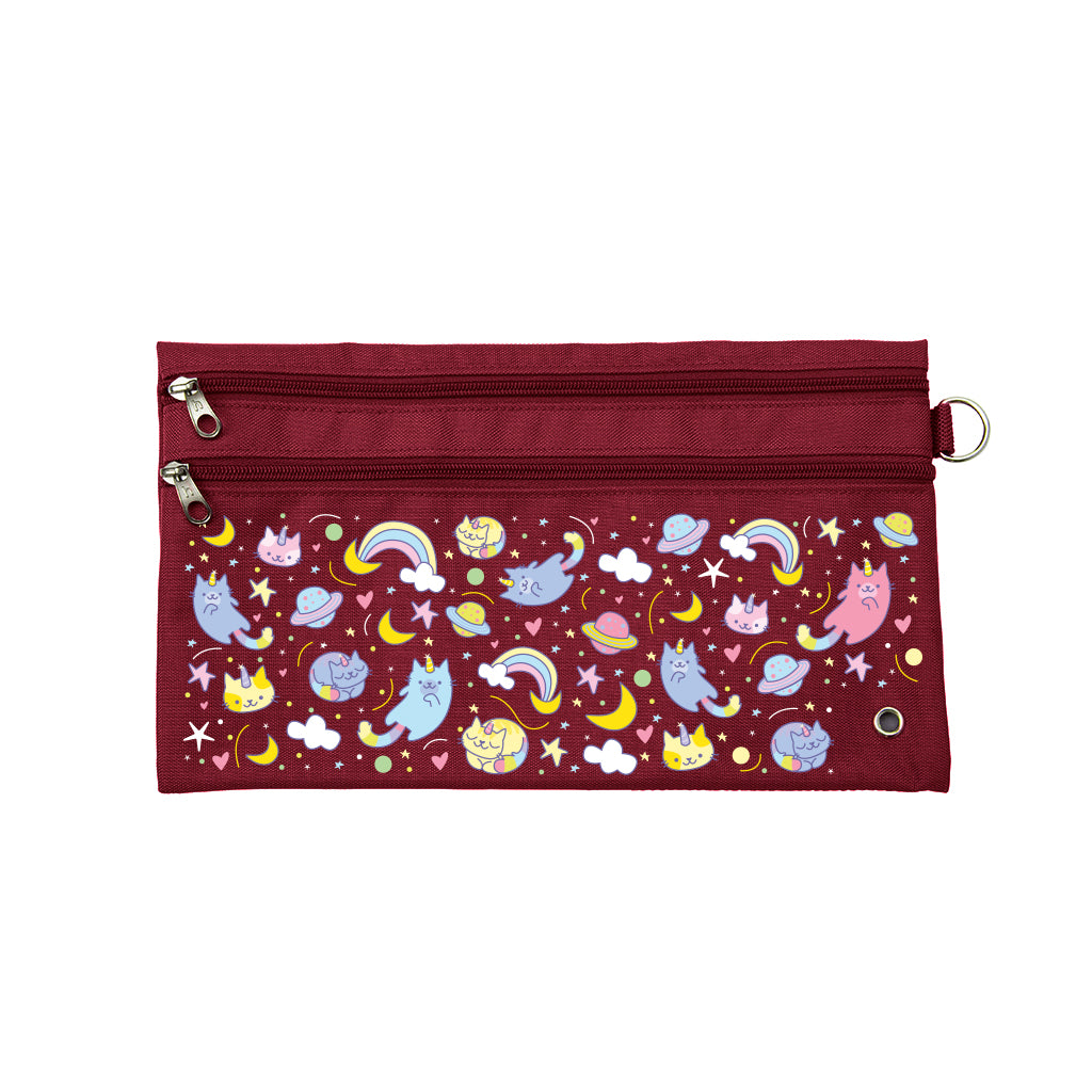Harlequin Pencil Case in Maroon with Kittycorn design from the Harlequin Creatix Signature Series. Front view displaying two zip compartments, ventilation eyelet and D-ring.