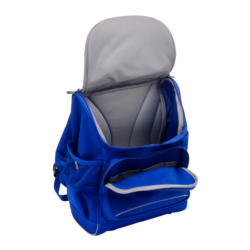 Inside view of the Harlequin Mighty junior Tuff-pack backpack in Royal Blue. Showing internal compartment and the front pocket.