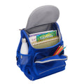 Inside view of the Harlequin Mighty junior Tuff-pack backpack in Royal Blue. Showing internal compartment and the front pocket. The backpack has been packed with school books, water bottle and coloured pencils.