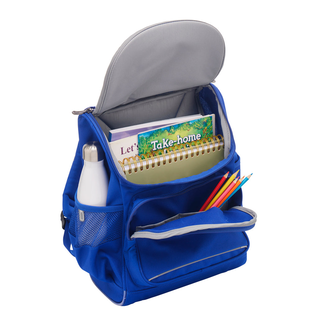 Inside view of the Harlequin Mighty junior Tuff-pack backpack in Royal Blue. Showing internal compartment and the front pocket. The backpack has been packed with school books, water bottle and coloured pencils.