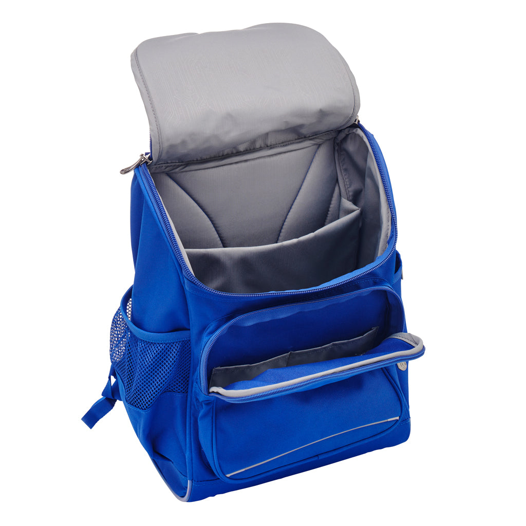 Inside view of a Royal blue Harlequin Mighty backpack. Showing the laptop pocket, internal compartment and the front pocket. The backpack is empty and you can see the grey lining.