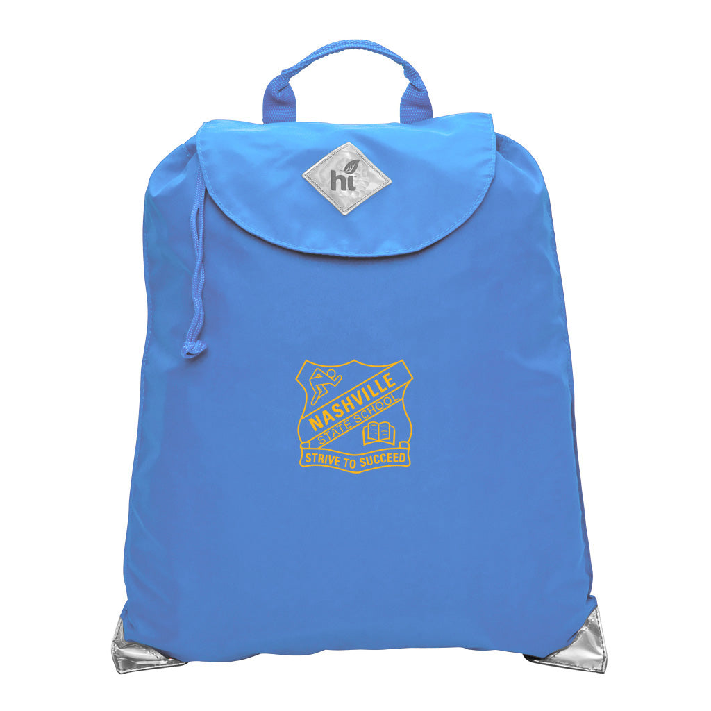 Harlequin sky blue eco excursion dance bag front angle view displaying handle, velcro fastening with drawstring toggle and reflective safety corners with nashville state school logo