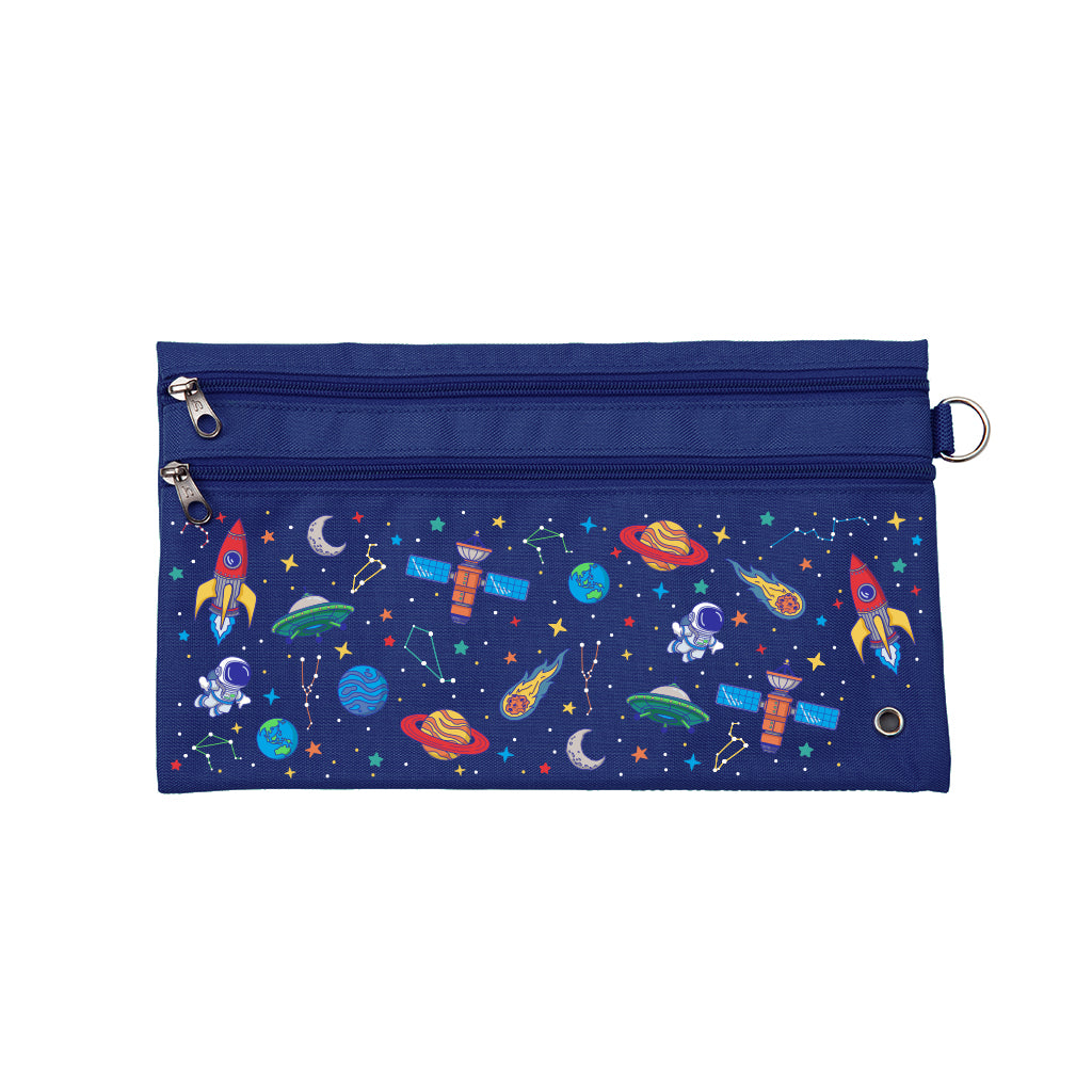 Harlequin Pencil Case in Navy with Galaxy Boy design from the Harlequin Creatix Signature Series. Front view displaying two zip compartments, ventilation eyelet and D-ring.