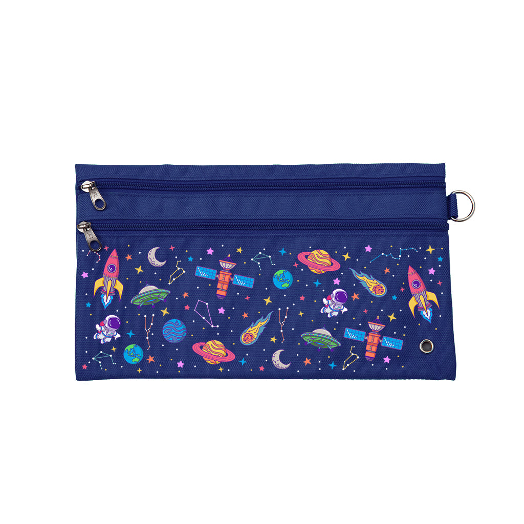 Harlequin Pencil Case in Navy with Galaxy Girl design from the Harlequin Creatix Signature Series. Front view displaying two zip compartments, ventilation eyelet and D-ring.