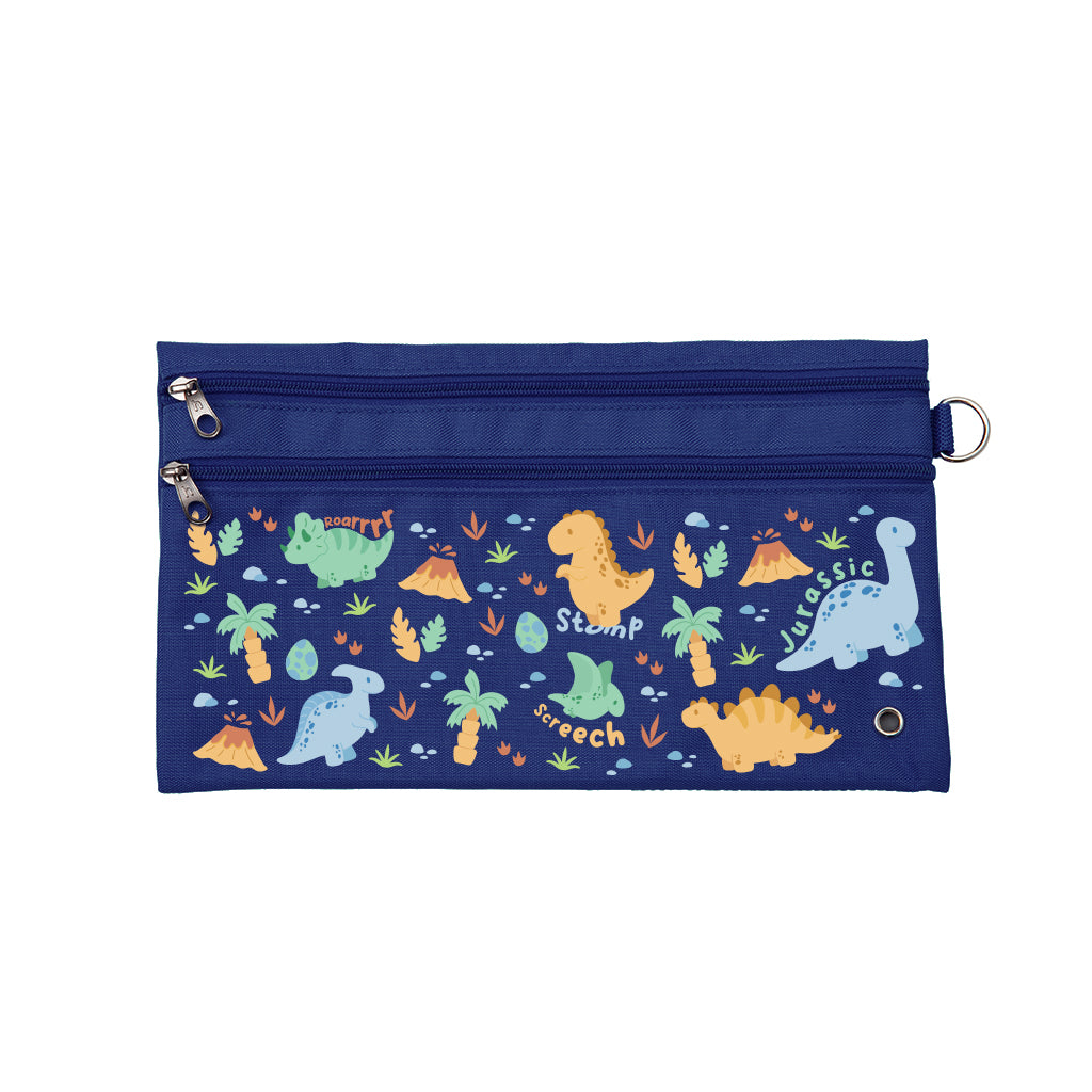 Harlequin Pencil Case in Navy with Jurassic design from the Harlequin Creatix Signature Series. Front view displaying two zip compartments, ventilation eyelet and D-ring.