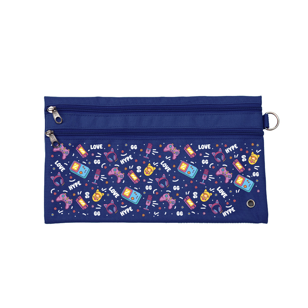 Harlequin Pencil Case in Navy with Pixel Chick design from the Harlequin Creatix Signature Series. Front view displaying two zip compartments, ventilation eyelet and D-ring.