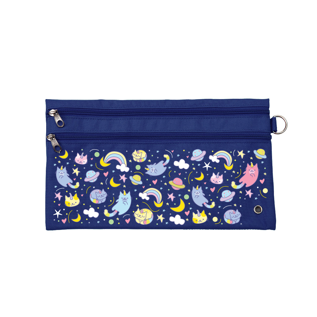 Harlequin Pencil Case in Navy with Kittycorn design from the Harlequin Creatix Signature Series. Front view displaying two zip compartments, ventilation eyelet and D-ring.