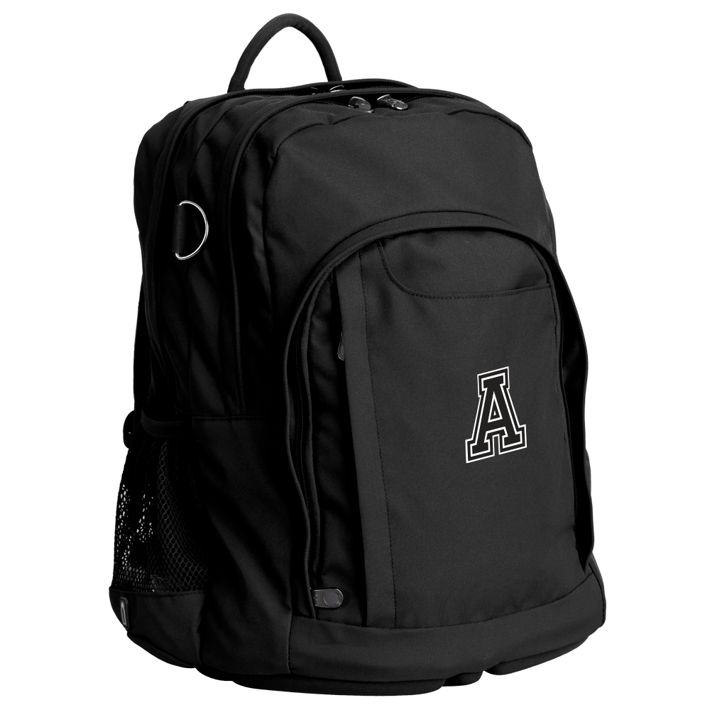 Harlequin Osteo Senior Backpack in black with personalisation. Front side angle displaying carry handle, two top zipper compartments, front pocket with two zip compartments, D ring and mesh water bottle holder