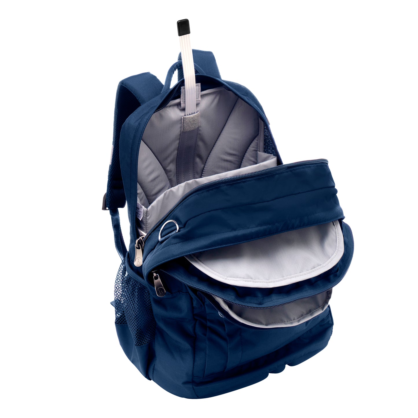 Fully open view of the Harlequin Osteo Primary backpack in Navy. Showing internal padded laptop pocket, 'S' Shaped spiral rod in back pocket, and open middle and from pocket.