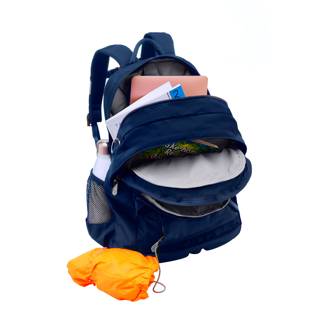 Fully open view of the  Harlequin Osteo Primary backpack in Navy. Showing internal back, middle and front pockets. The backpack has been packed with school books and a laptop. The outside mesh pocket holds a metal water bottle. coming out of the front pocket is a Hi-Viz Backpack cover.