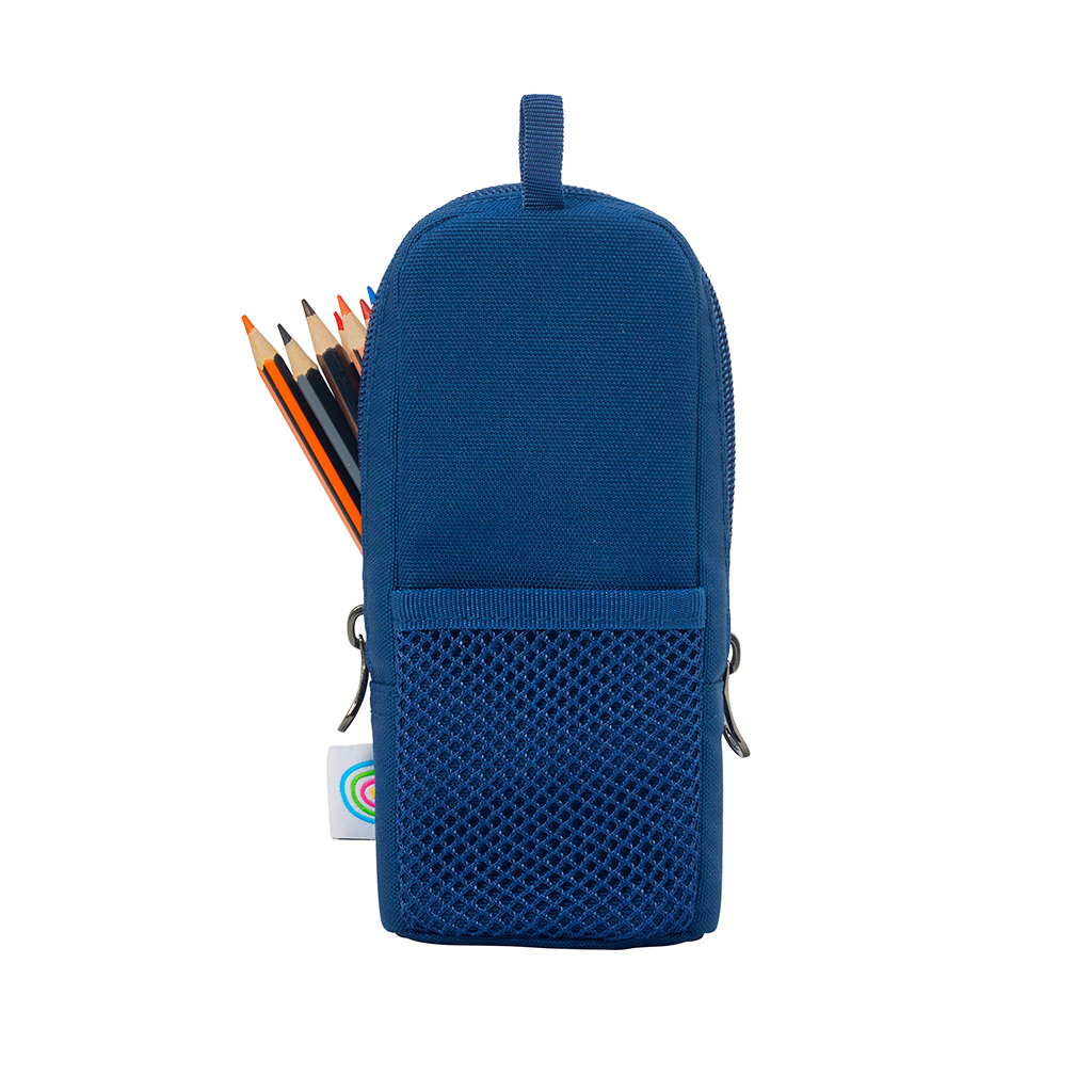 Back view of the Harlequin Organiser Pencil Case showing mesh pocket & coloured pencils