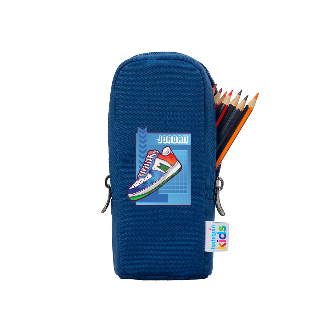 Front view of the Harlequin Organiser Pencil Case showing a personalised design and coloured pencils through the opening pocket