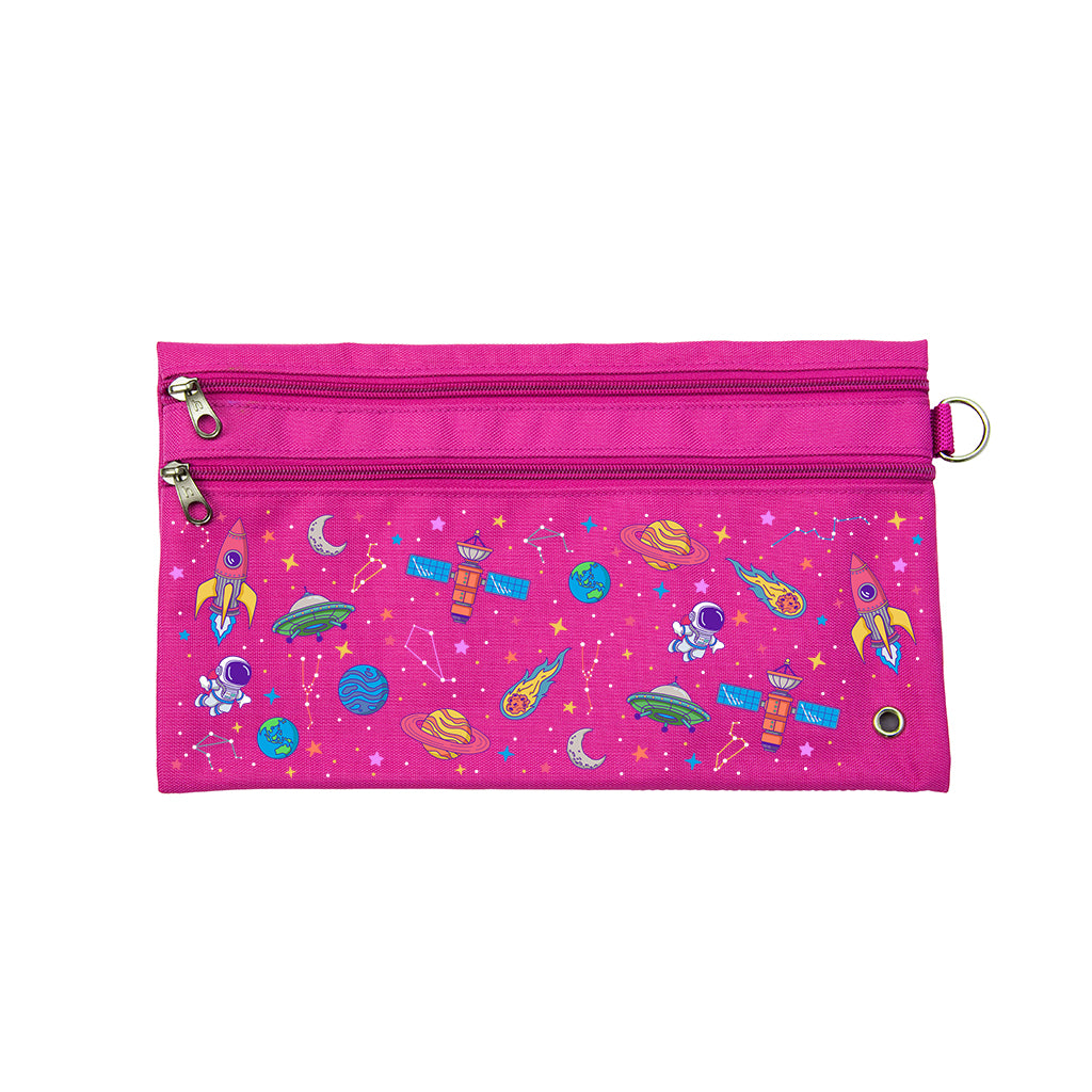 Harlequin Pencil Case in Pink with Galaxy Girl design from the Harlequin Creatix Signature Series. Front view displaying two zip compartments, ventilation eyelet and D-ring.
