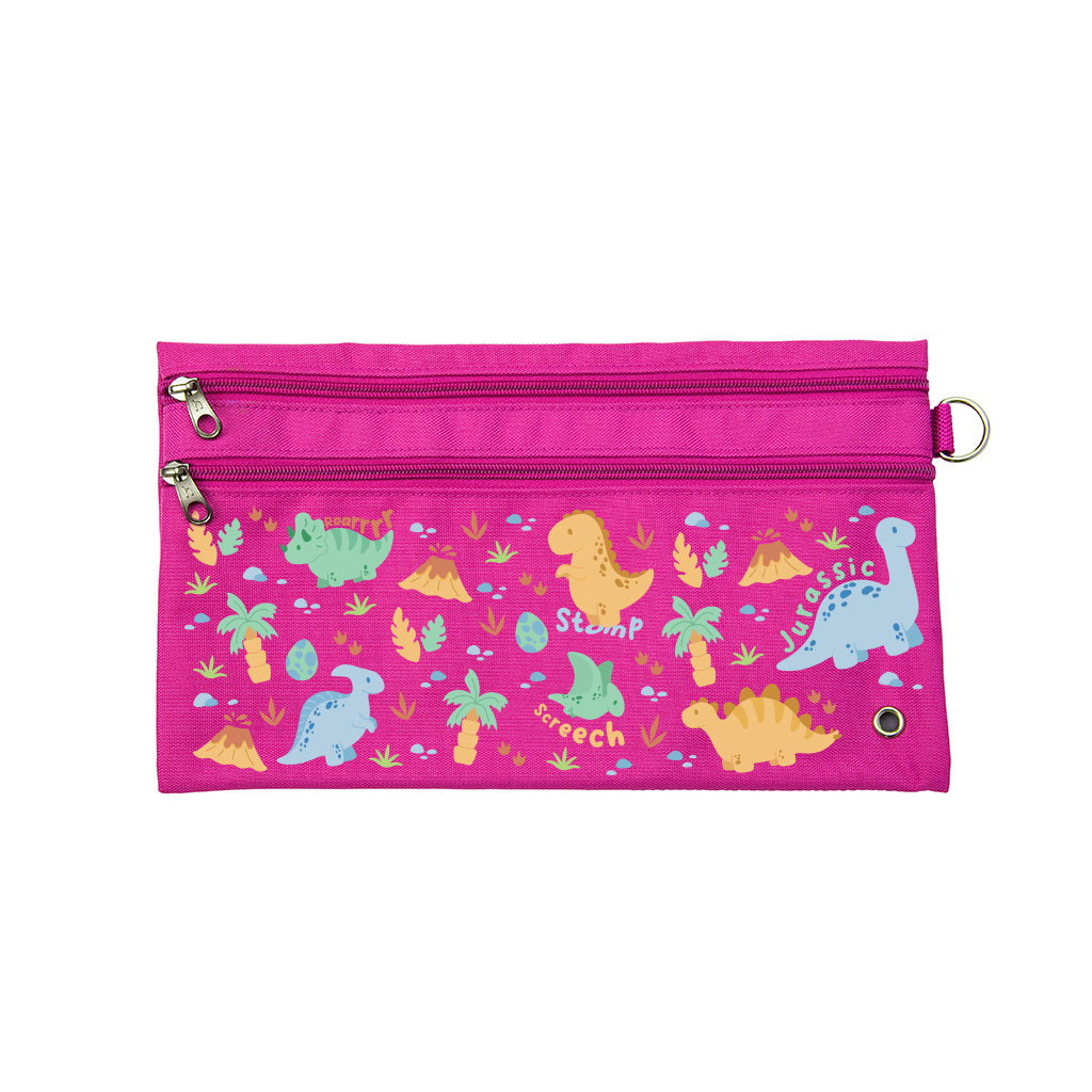Harlequin Pencil Case in Pink with Jurassic design from the Harlequin Creatix Signature Series. Front view displaying two zip compartments, ventilation eyelet and D-ring.