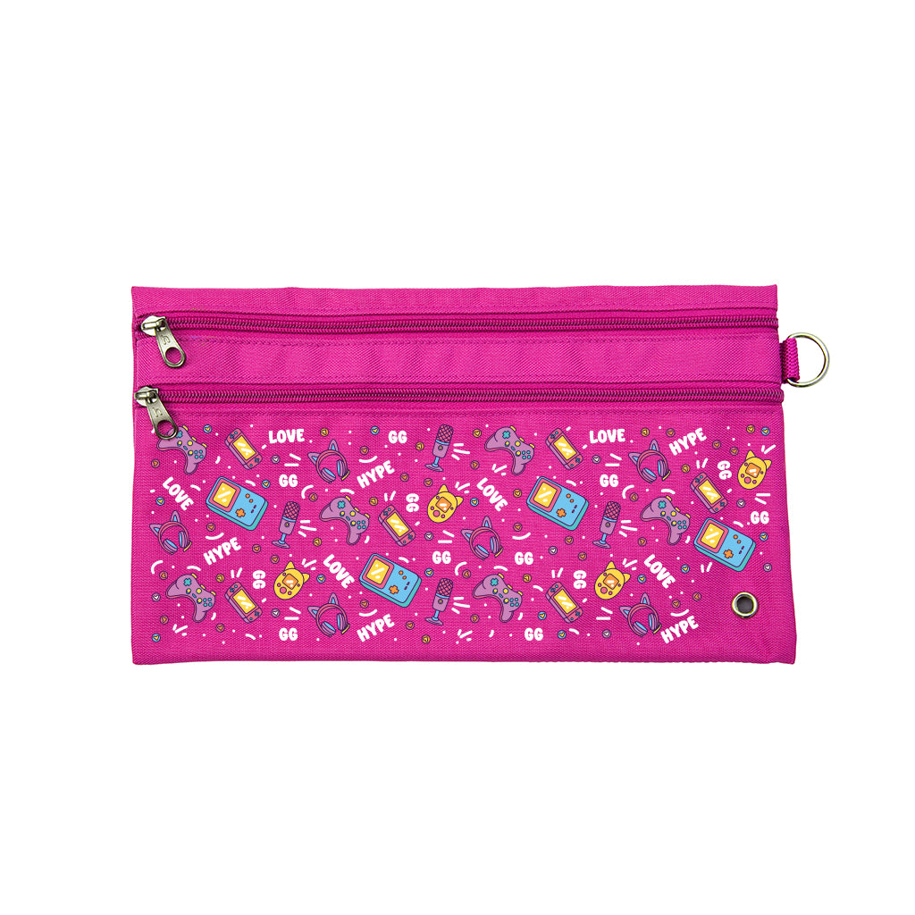 Harlequin Pencil Case in Pink with Pixel Chick design from the Harlequin Creatix Signature Series. Front view displaying two zip compartments, ventilation eyelet and D-ring.