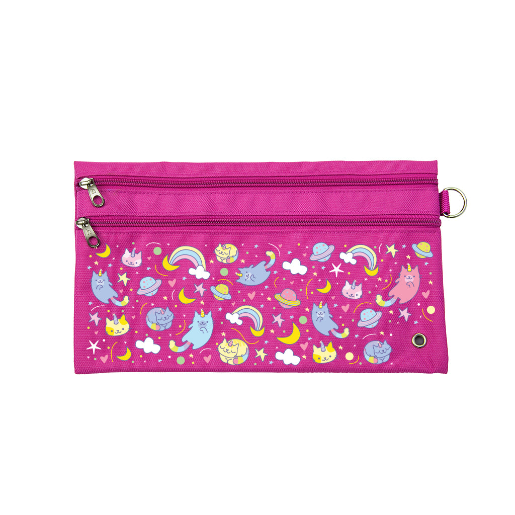 Harlequin Pencil Case in Pink with Kittycorn design from the Harlequin Creatix Signature Series. Front view displaying two zip compartments, ventilation eyelet and D-ring.