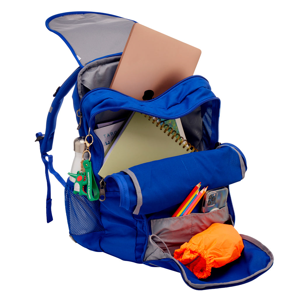Backpack fully opened displaying two main compartments with a detachable flap, 3D stabilizing base, spinal rod support, anatomical back system, D-ring keychain holder, and a free high-visibility safety rain cover