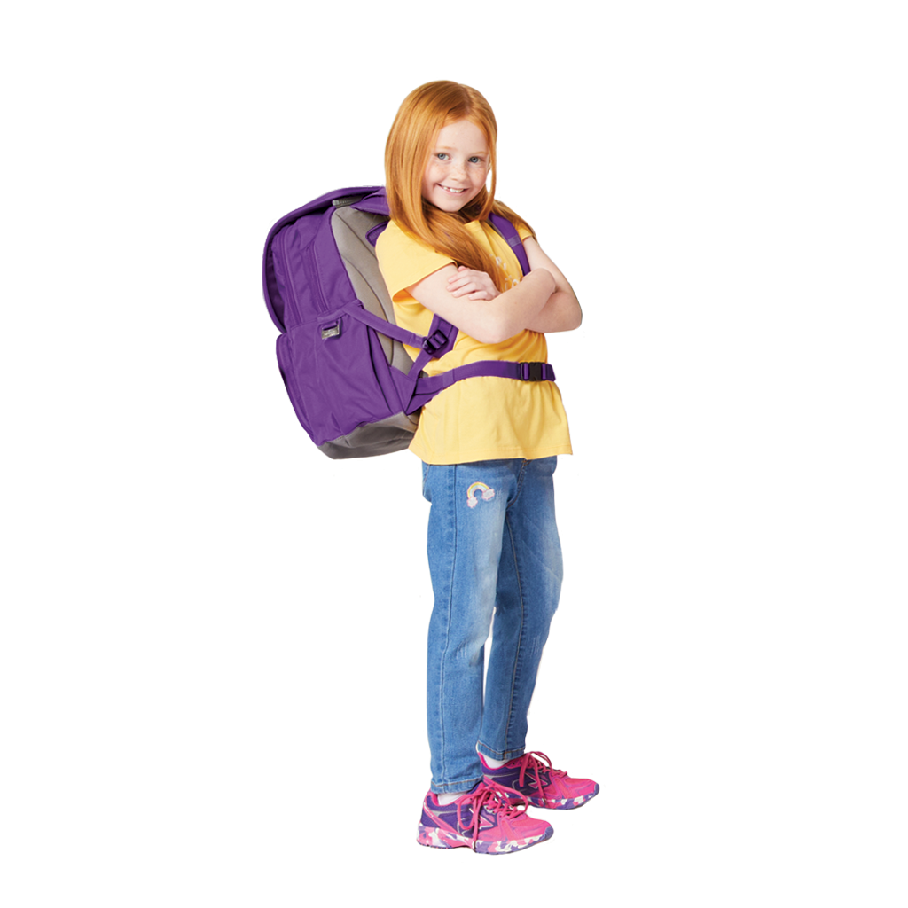 Harlequin Ergo Primary Backpack in Purple being worn by a 8 year old child model in a front angle view.