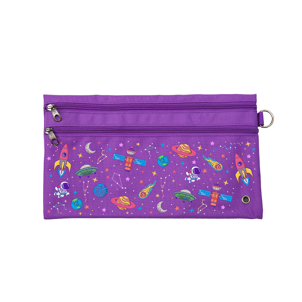 Harlequin Pencil Case in Purple with Galaxy Girl design from the Harlequin Creatix Signature Series. Front view displaying two zip compartments, ventilation eyelet and D-ring.