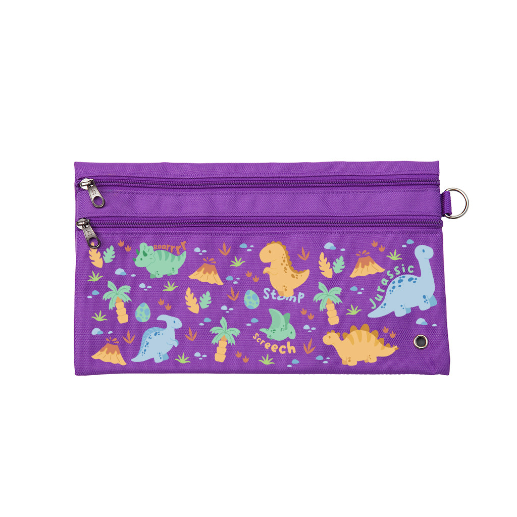 Harlequin Pencil Case in Purple with Jurassic design from the Harlequin Creatix Signature Series. Front view displaying two zip compartments, ventilation eyelet and D-ring.