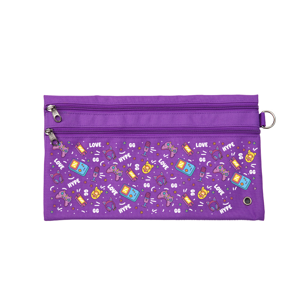 Harlequin Pencil Case in Purple with Pixel Chick design from the Harlequin Creatix Signature Series. Front view displaying two zip compartments, ventilation eyelet and D-ring.