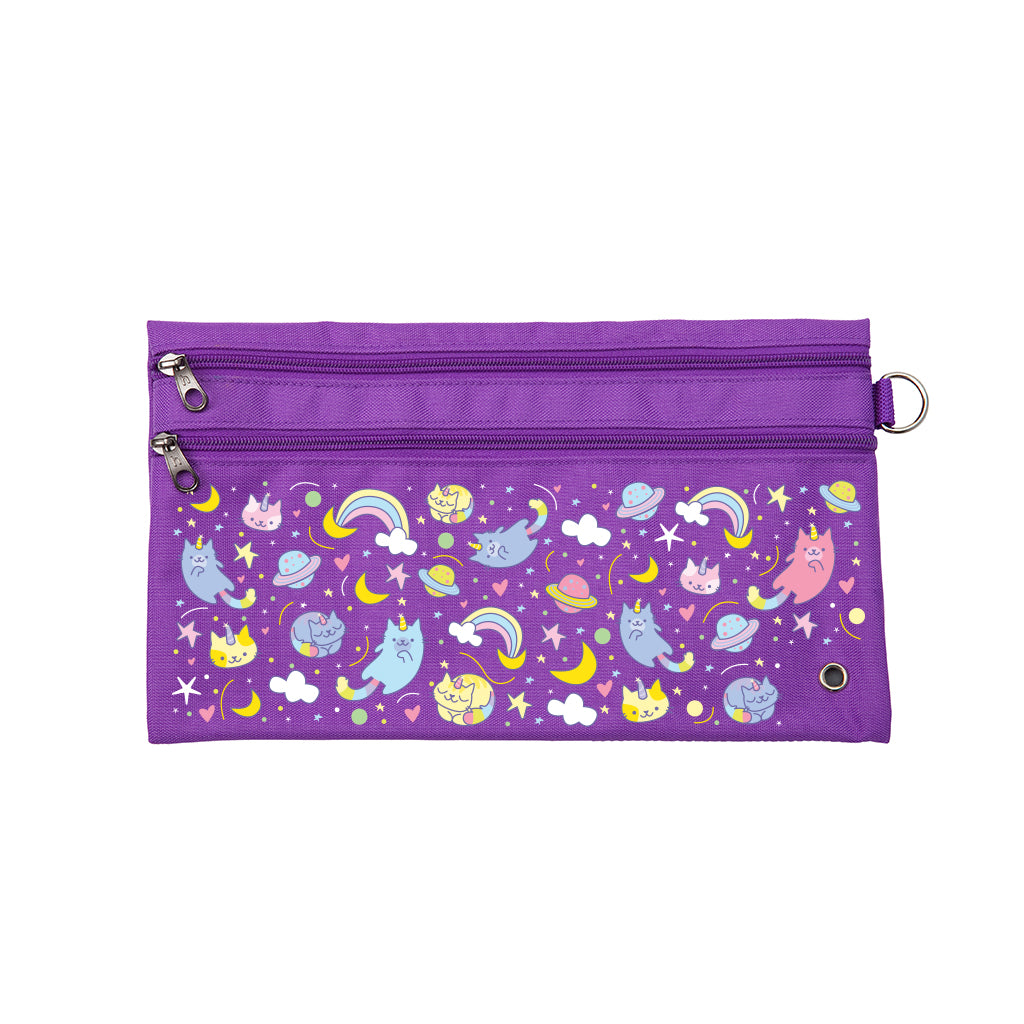 Harlequin Pencil Case in Purple with Kittycorn design from the Harlequin Creatix Signature Series. Front view displaying two zip compartments, ventilation eyelet and D-ring.