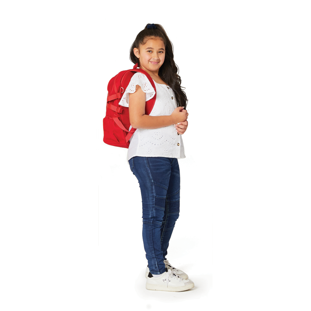 9 year old child model in casual clothes wearing on her back the Harlequin Quantum Medium Daypack in red.