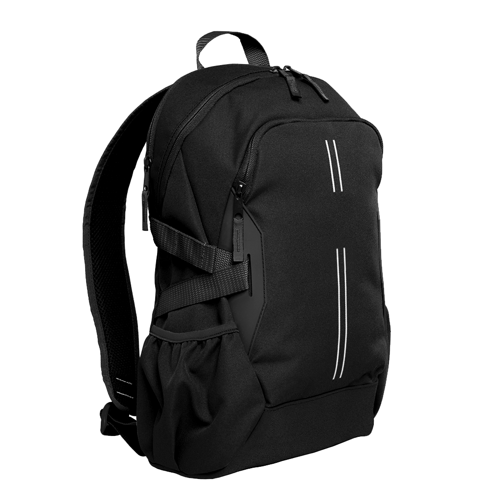 Front angle view of the Harlequin Quantum Large Daypack in black. Showing two compartments with zip closure, light reflectors on the front pocket and adjustable straps and bottle holder on the side of the bag.