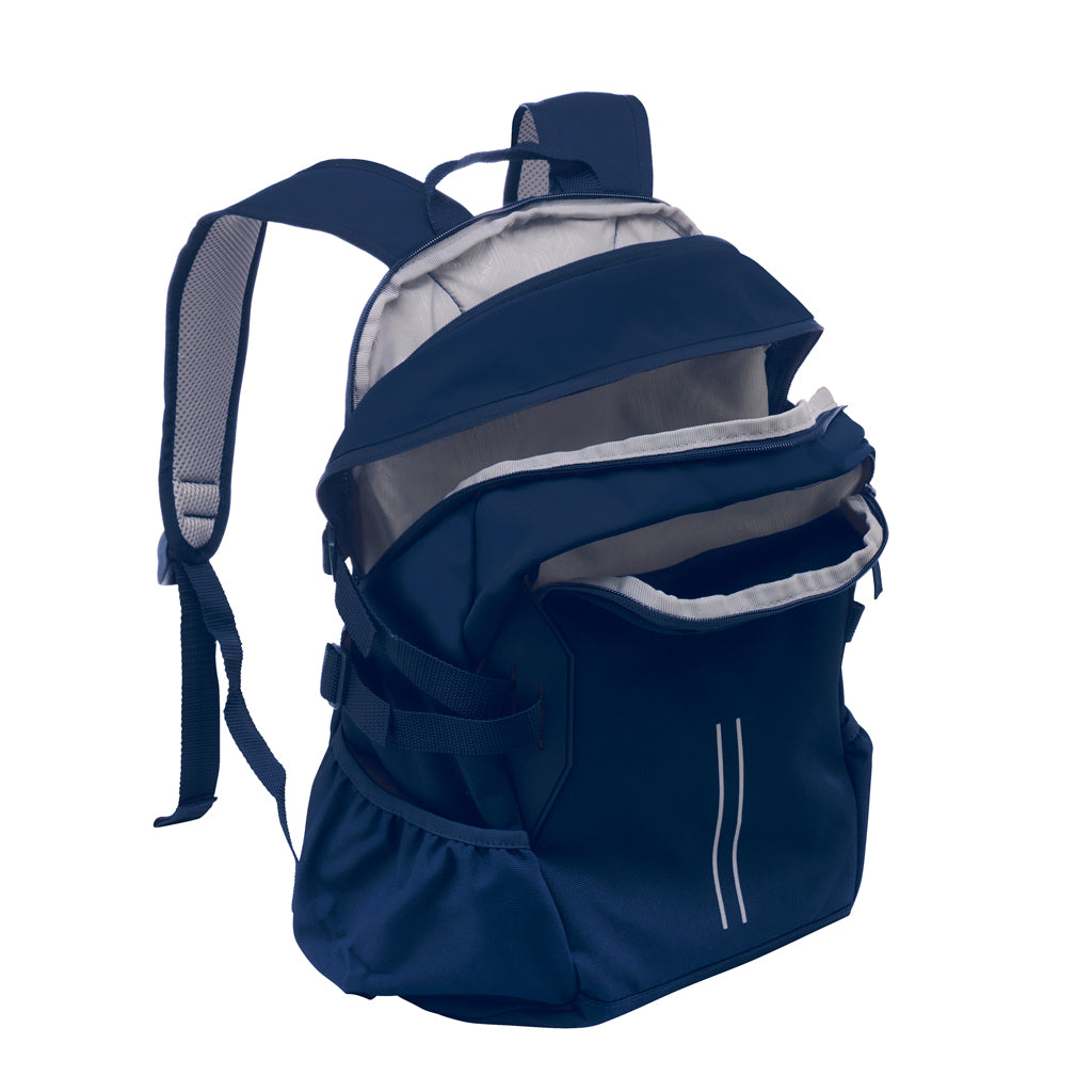 Fully open Quantum Medium Daypack in Navy. Showing the internal back padded laptop pocket and the middle and front pockets.