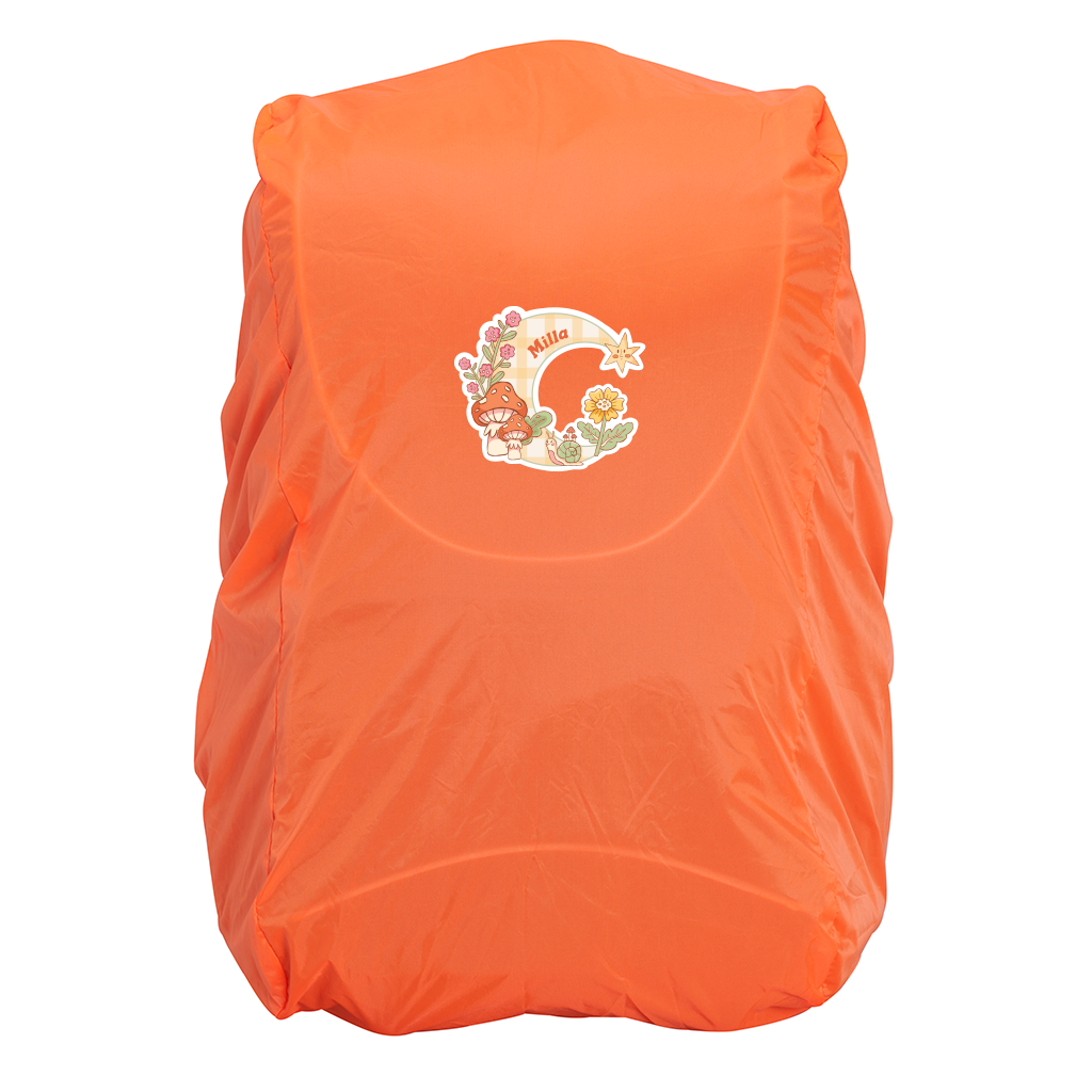 Harlequin Hi-Viz orange water repellent, fade resistant backpack cover fully covering a bag with personalisation on the front.