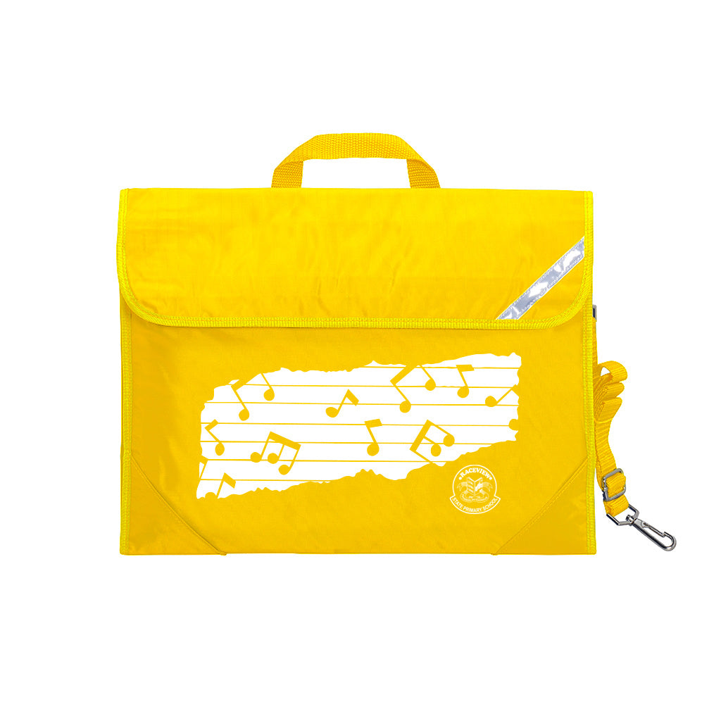 Harlequin Safety Library bag in yellow displaying carry handle, velcro opening, shoulder strap, reflector safety strip, reinforced corners and Raceview State School logo