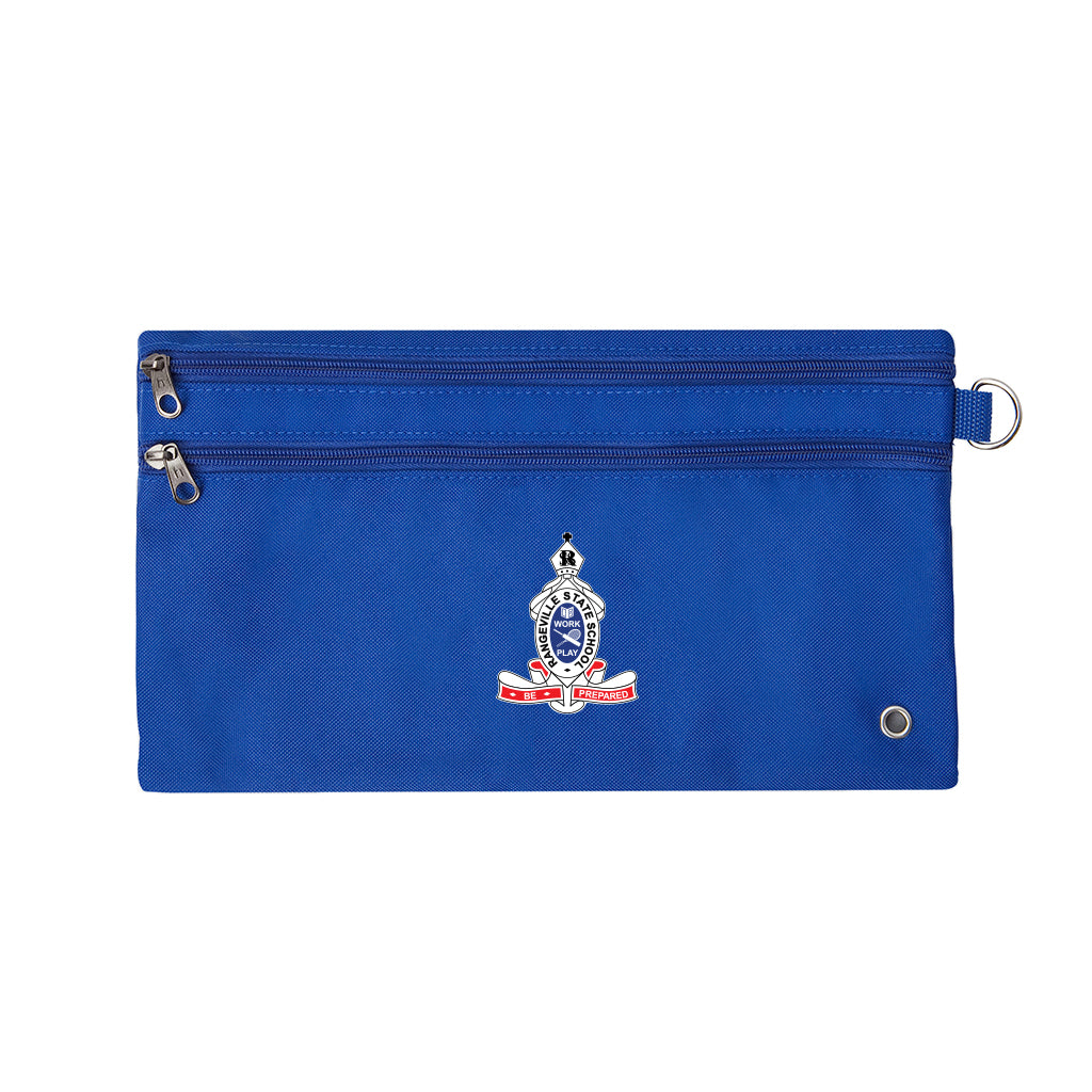 Harlequin royal pencil case front angle displaying two zip compartments and D-ring with Rangeville State School logo