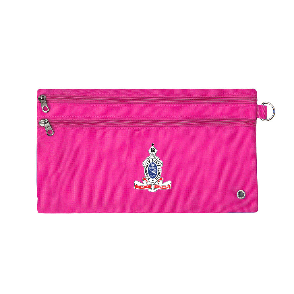 Harlequin pink pencil case front angle displaying two zip compartments and D-ring with Rangeville State School logo