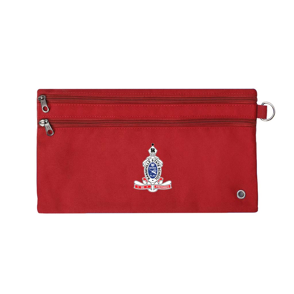 Harlequin red pencil case front angle displaying two zip compartments and D-ring with Rangeville State School logo
